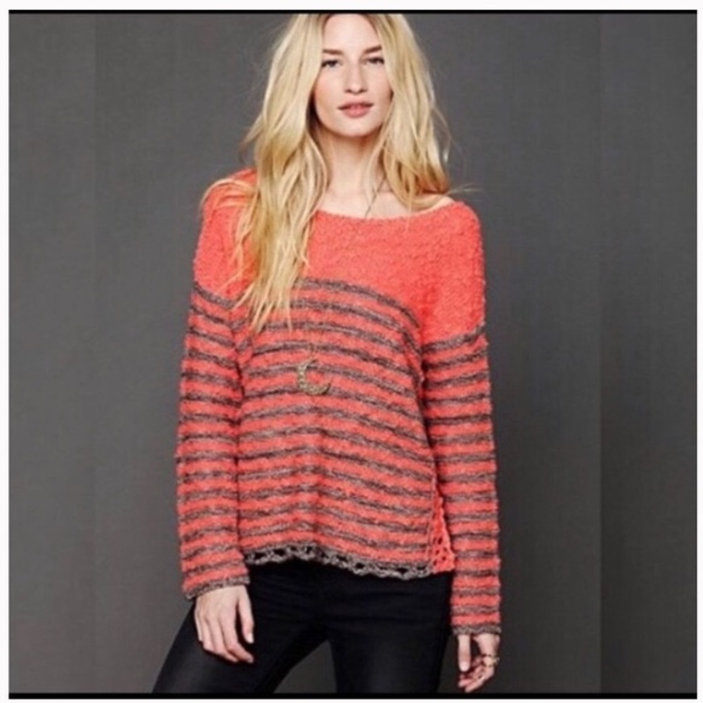 Free People Orange-Gray Nubby Knit Sweater